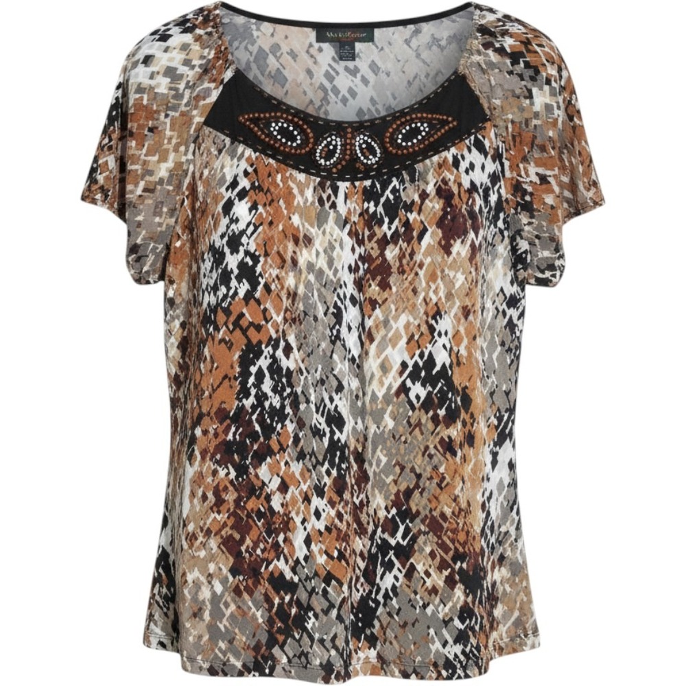 East 5th Womens XL Geometric Diamond Print Beaded Scoop Neck Short‎ Sleeve Top
